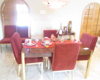 MCM Burled Wood Dining Set - 60" X 40" with Two 18" Leaves, 2 Arm Chairs and 6 Side Chairs. Design Institute of America, Milo Baughman.