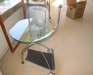 Modern Glass End Table on Wheels with Leather Sling