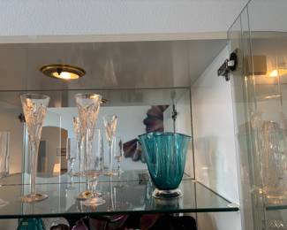 Pair of "Waterford" Champagne Flutes. Fluted Vase, Right Side, is Signed "Glassworks", Colorado