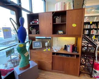 Teak, hardwood, shelving unit with 2 drawers and 4 shelves. $500 + tax