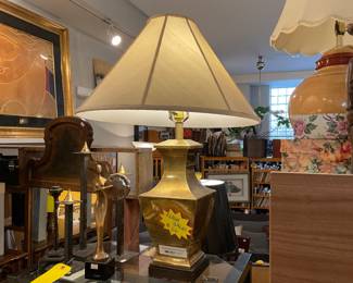 Brass lamp base and linen lamp shade. $20 + tax