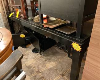 Black lacquered long console table with intricate Asian architecture details. $100 + tax