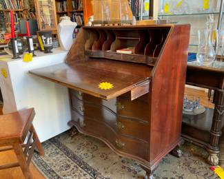 Antique, wood desk with 4 drawers and a fold down top. Also comes with the original key to lock up the front. $200 + tax. 