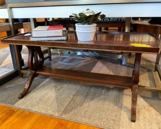Vintage, mid-century modern, lyre detailed, wood coffee table. $50 + tax