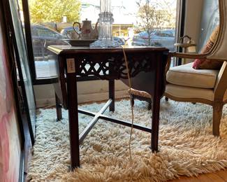 Ornately carved, wood side tables x2. They fold out on both ends. $85 + tax each. 