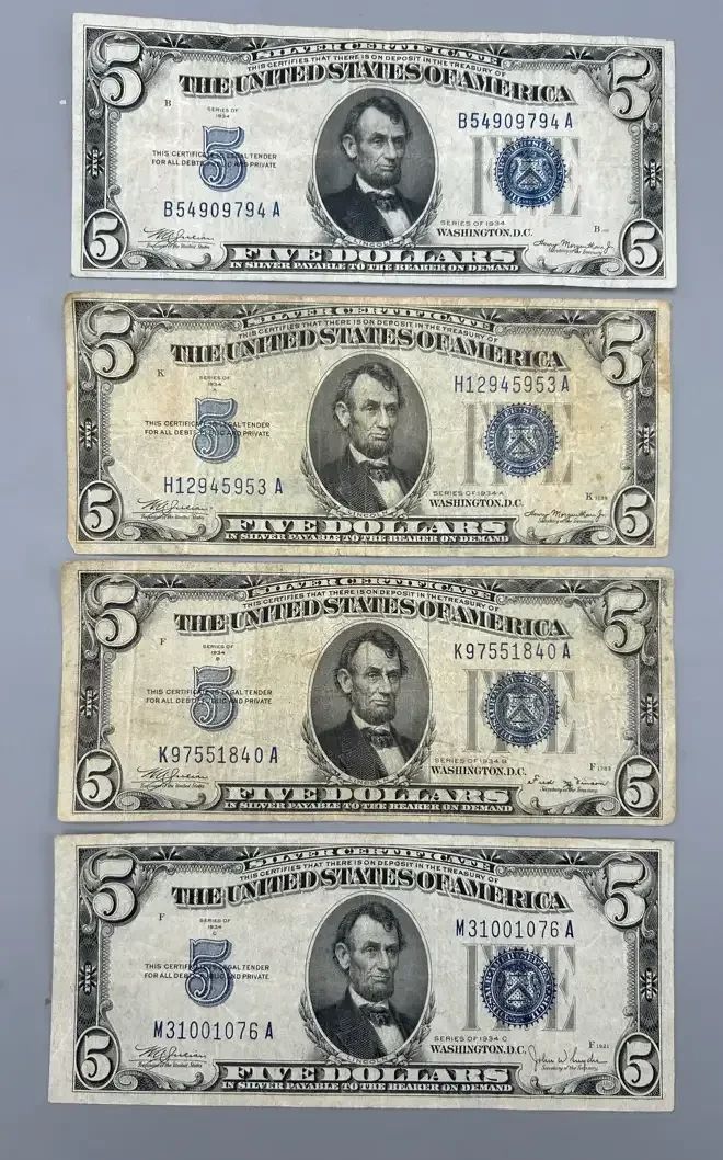 Series 1934 $5 Silver Certificates with Blue Seal