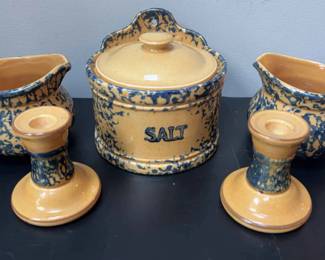 Vintage Pfaltzgraff SpongeWare Salt Cellar, Pitchers, And Candlesticks