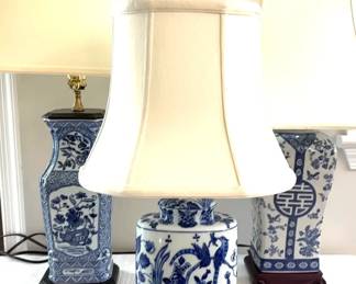 3 Blue And White Asian Motif Lamps