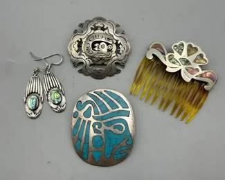 Vintage lot of Silver Jewelry, 2 Pins Pendants, 1 Hair Comb and Pendant Earrings