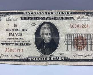 1929 $20 First Emaus National Bank Currency 7139