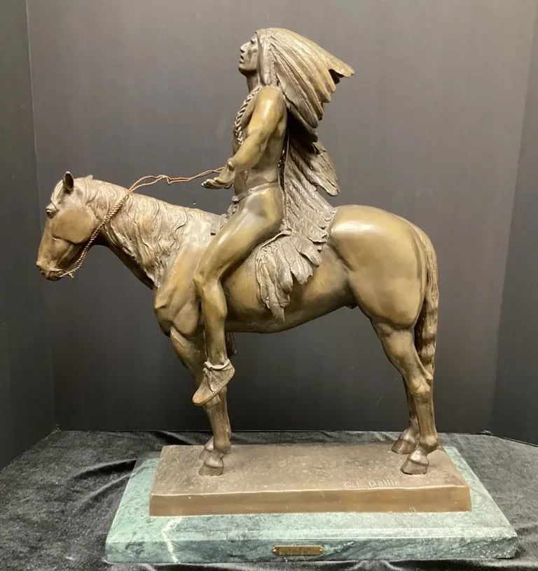 Appeal To The Great Spirit Bronze on Marble Sculpture by Cyrus E. Dallin