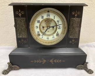 Antique Black Marble Mantle Clock with Lion Head Handles by the Ansonia Clock Co. 