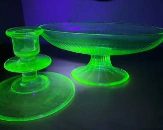 Vintage Vaseline Uranium Green Glass Compote Bowl Candleholder