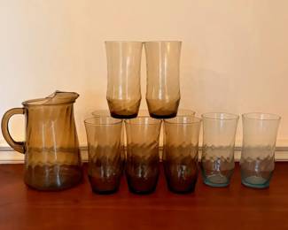 244 Smoky Amber Water Pitcher  Glasses 