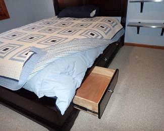 WOOD HEADBOARD FRAME W/ STORAGE DRAWERS & MATTRESS
