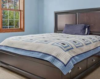 WOOD HEADBOARD FRAME W/ STORAGE DRAWERS & MATTRESS