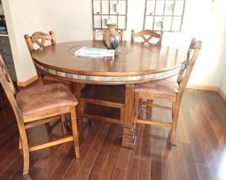 SANTA FE 60" ROUND HI TOP TABLE WITH POP UP LAZY SUSAN IN MIDDLE OF THE TABLE & 6 HI TOP CROSS BACK SEATS W/ UPHOLSTERED SEATS ***** AMAZING SET 
