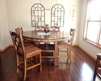 SANTA FE 60" ROUND HI TOP TABLE WITH POP UP LAZY SUSAN IN MIDDLE OF THE TABLE & 6 HI TOP CROSS BACK SEATS W/ UPHOLSTERED SEATS ***** AMAZING SET 