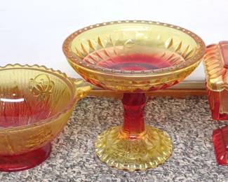 Vintage 3 Piece Amberina Glass Compote Set