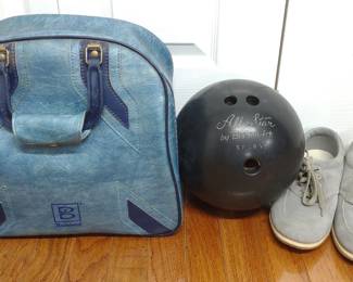 Vintage Brunswick Bowling Ball w/ Case & Shoes