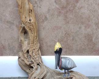 Carved Driftwood Pelican Bird Sculpture