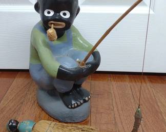 Concrete Black Americana Statue of Boy Fishing