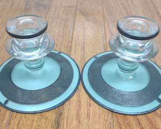 Pair of Teal Etched Glass Candlesticks