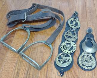 Pr. of Stirrups & Brass Horse Harness Medallions