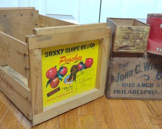 Vintage Wooden Advertising Crates & Tobacco Tin