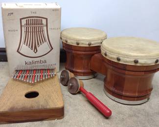 Pair of Bongos, Tamborine, & Kalimba