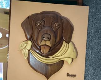 Hand Carved Picture of Dog with a Yellow Bandana