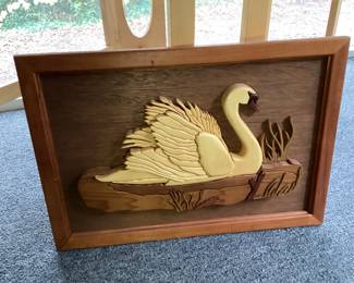 Framed Piece of Intarsia Wood Art Depicting a Swan