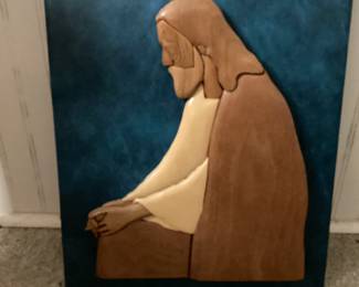 Hand Carved Picture of Jesus kneeling in Prayer