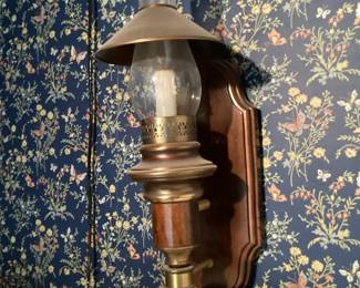 Vintage Brass and Wood Electric Wall Sconce