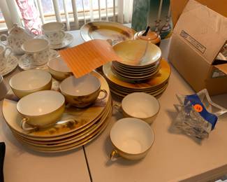 Hand painted Vintage Noritake “Tree in the Meadow”  6 plates, 6 cups and saucers, Sugar, Creamer, and oval serving plate.  Sale: $100