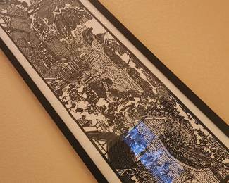 Black and White Illustration of Traditional Chinese Handscroll Painting Framed. 