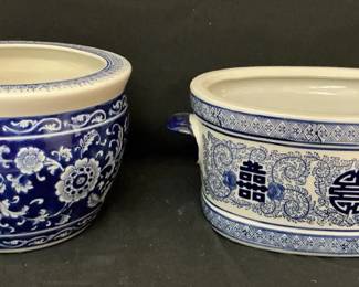 Pair Of Blue White Ceramic Planters