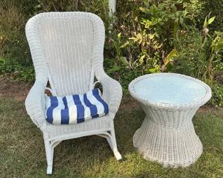 Wicker Rocking Chair And Glass Top Table