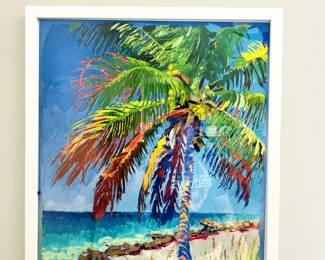 vibrant acrylic painting of a coconut palm tree on a beach, created by artist Kelly Tracht.