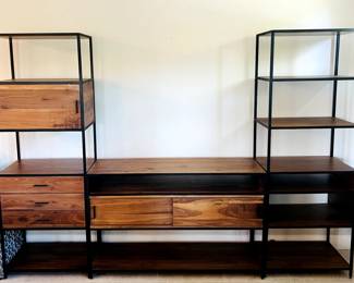 Crate and Barrel Knox Black Trim and Walnut 90" Media Console with 2 Tall Storage Bookcases.