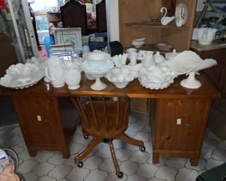 Solid pine Potter Barn legal desk with chair. 