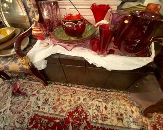 Wood and brass chest with storage. Opens from the middle 