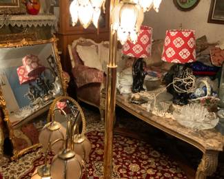 Midcentury Hollywood Regency Brass Waterfall Tulip lamp set - floor and tabletop 