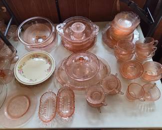 Just some of the many piece of Pink Depression glass. American Sweetheart, Cherry Blossom, Miss America, Dogwood and more!