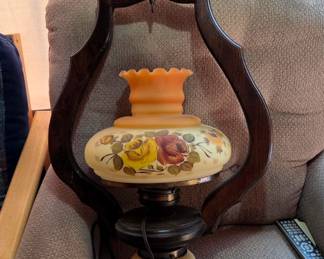 Interesting hanging light fixture, hand painted shade