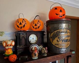Vintage Halloween, Antique clock and Advertising Tin!