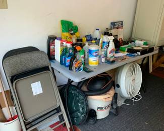 Folding chairs, cleaning supplies, shop vac, fan