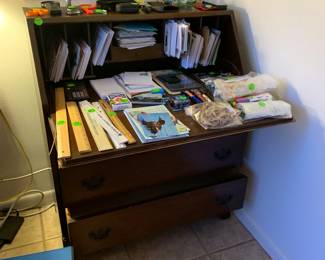 Vintage wood desk, office items