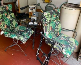 Glass top and metal patio table with two chair, chairs, outdoor items