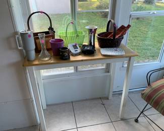 Tall table, decor, etc.